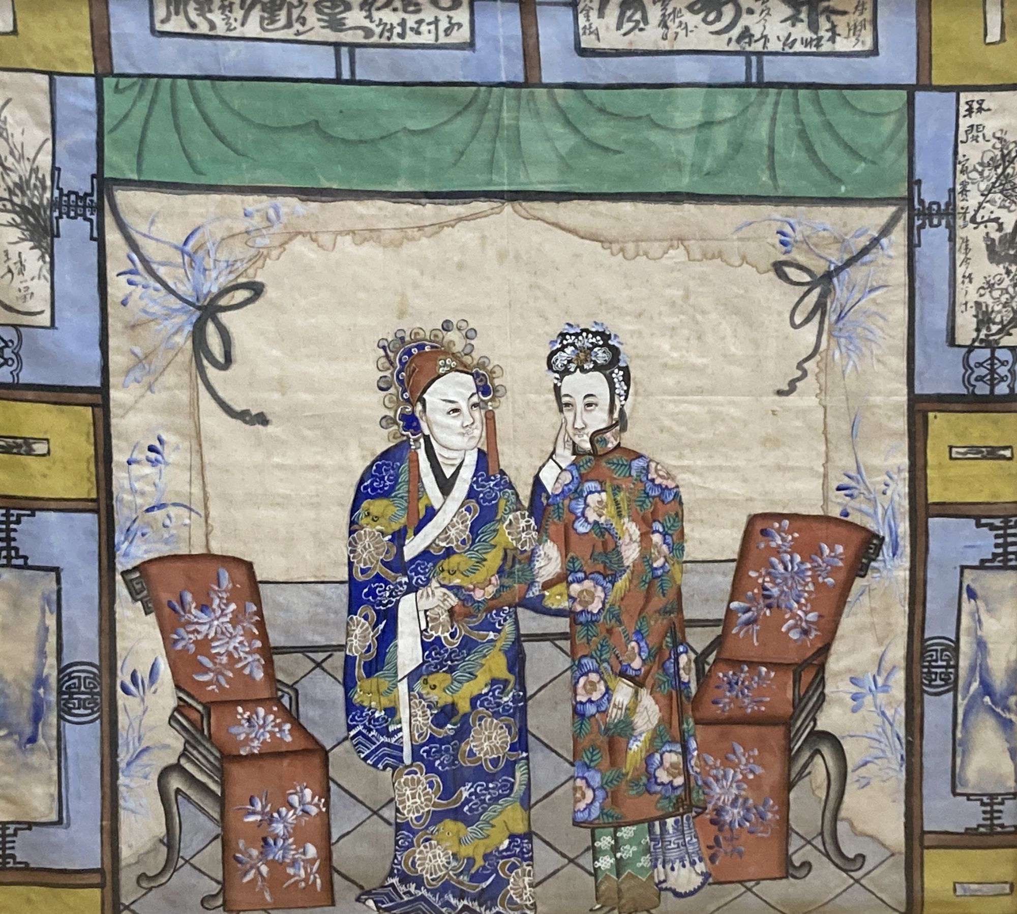 Chinese School c.1900, watercolour and gouache on silk, Interior with two standing figures, overall 43 c 48cm